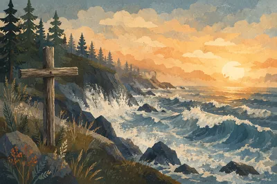 Driftwood Cross by Stormy Sunrise Coast
