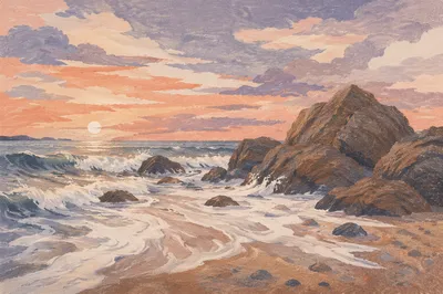 Sunrise Waves Breaking on Rocky Shore
