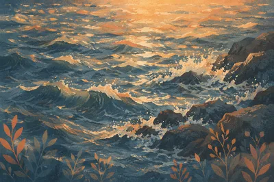 Sunrise Waves Crashing on Coastal Rocks