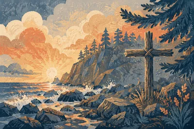Driftwood Cross by Sunrise Ocean Waves