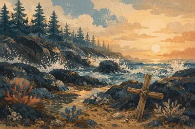 Driftwood Cross at Evergreen Coastal Sunrise