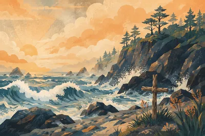 Driftwood Cross by Sunrise Ocean Waves