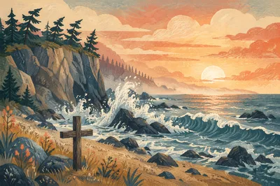 Sunrise Waves and Cross by Evergreen Cliffs