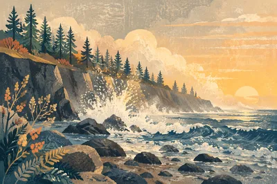 Evergreen Cliff Sunrise with Crashing Ocean Waves