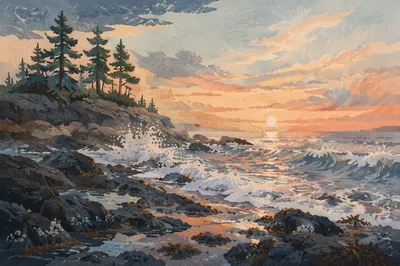 Evergreen Pines Above Sunrise Ocean Waves