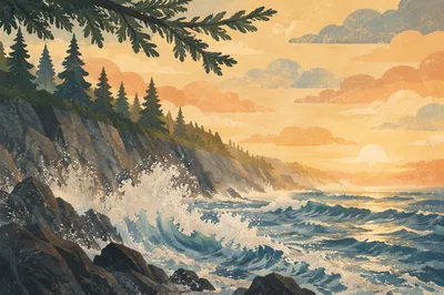 Evergreen Cliffs at Ocean Sunrise
