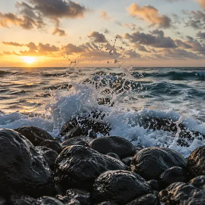 Sunrise Waves Crashing on Volcanic Rocks