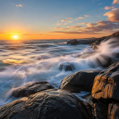 Sunrise Waves Crashing on Rocky Shore
