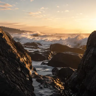 Sunrise Waves Crashing on Volcanic Rocks