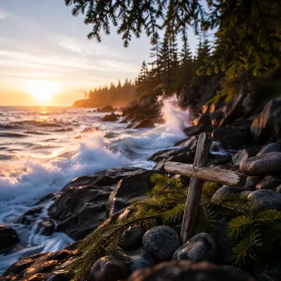Driftwood Cross by Sunrise Ocean Waves