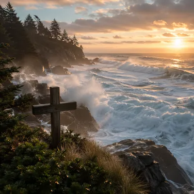 Wooden Cross by Stormy Sunrise Waves