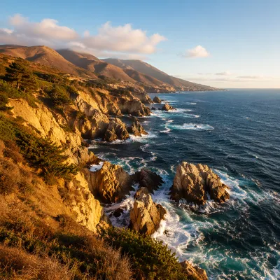 Sunrise Waves Along Rugged Evergreen Coast