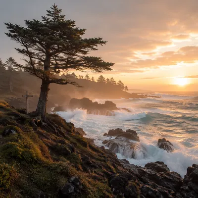 Evergreen Cross Above Sunrise Ocean Waves