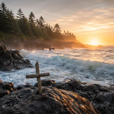 Driftwood Cross at Ocean Sunrise