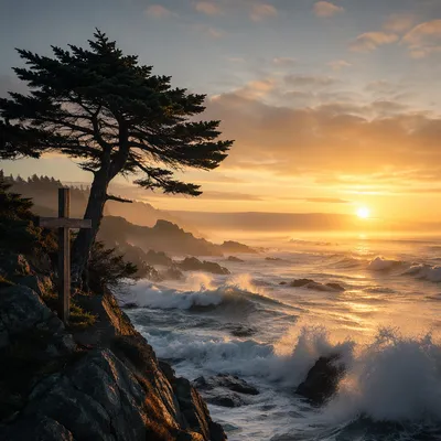 Evergreen Cross at Stormy Coastal Sunrise
