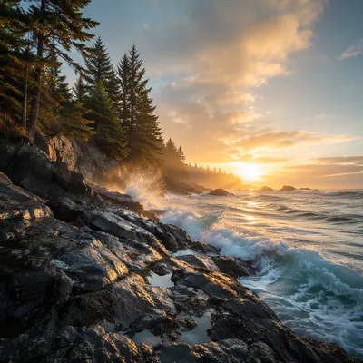 Sunrise Waves Crashing Beneath Evergreen Bluffs