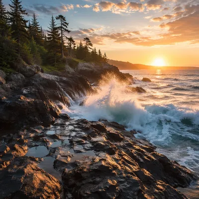 Evergreen Coast Sunrise Over Crashing Waves