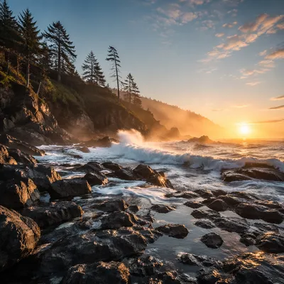 Sunrise Waves on Rocky Evergreen Coast