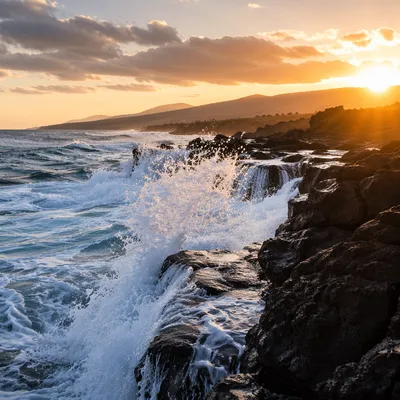 Sunrise Ocean Waves on Volcanic Rocks