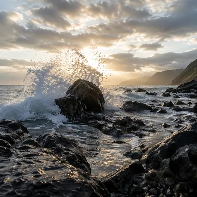 Sunrise Waves Crashing on Volcanic Rocks