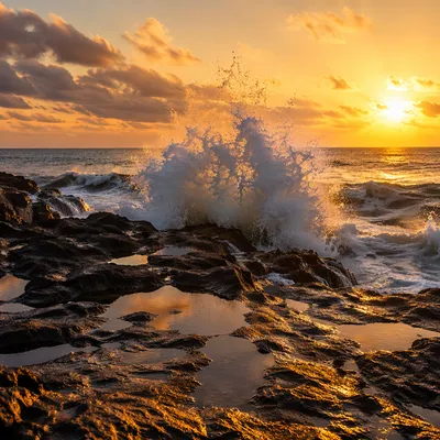 Sunrise Waves Crashing on Volcanic Rocks