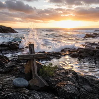 Driftwood Cross by Sunrise Ocean Waves
