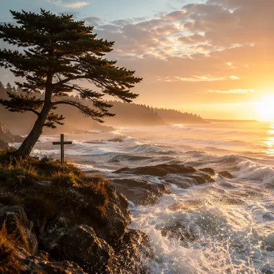 Sunrise Cross Above Crashing Ocean Waves