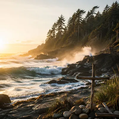 Wooden Cross by Sunrise Ocean Waves