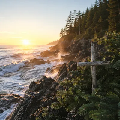 Driftwood Cross by Sunrise Ocean Waves