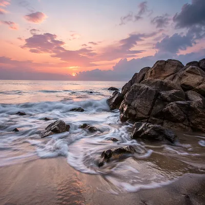 Sunrise Waves on Peaceful Rocky Shore