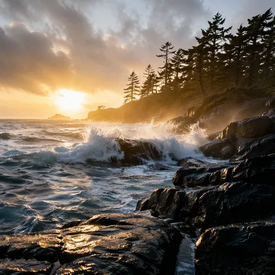 Evergreen Coast Sunrise with Crashing Waves
