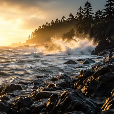 Evergreen Cliff Sunrise Over Crashing Ocean Waves