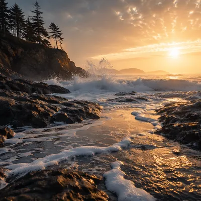 Evergreen Coastal Sunrise With Crashing Waves