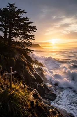 Evergreen Cross by Stormy Sunrise Waves
