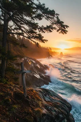 Driftwood Cross at Sunrise Ocean Cliffs