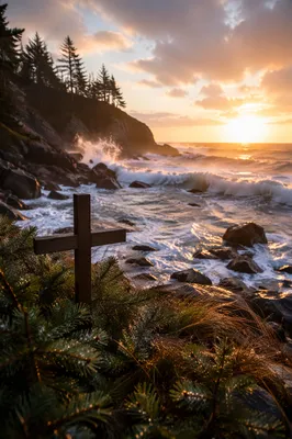 Wooden Cross by Stormy Sunrise Waves