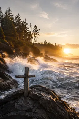 Driftwood Cross at Ocean Sunrise
