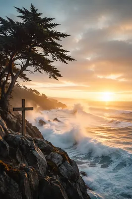 Evergreen Cross Above Stormy Sunrise Waves