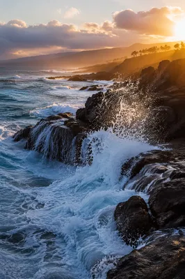 Sunrise Ocean Waves on Volcanic Rocks