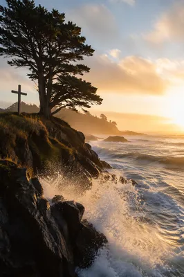 Sunrise Cross Above Crashing Ocean Waves