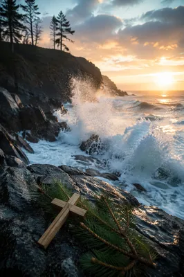 Evergreen Cross by Sunrise Ocean Waves