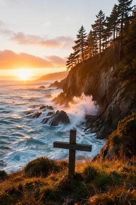 Sunrise Waves and Cross on Evergreen Coast