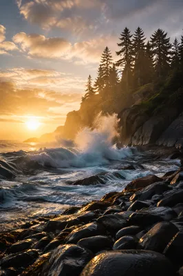 Sunrise Waves Beneath Evergreen Coastal Cliffs