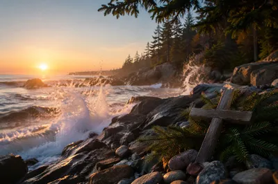 Driftwood Cross at Coastal Sunrise
