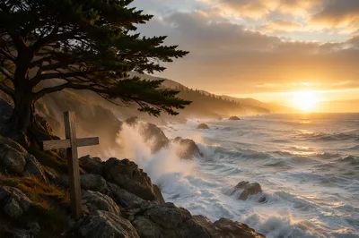 Evergreen Cross at Stormy Coastal Sunrise