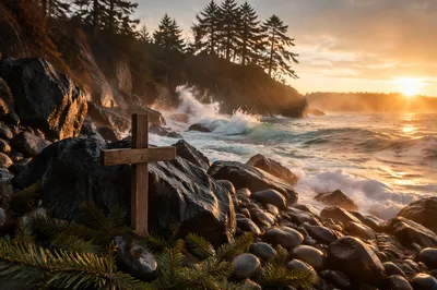 Driftwood Cross at Sunrise Rocky Shore