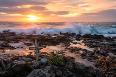 Driftwood Cross by Sunrise Waves