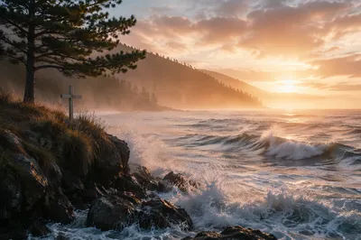 Sunrise Waves and Cross by Evergreen Cliff