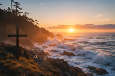 Driftwood Cross Over Stormy Sunrise Waves