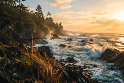 Driftwood Cross by Sunrise Ocean Waves
